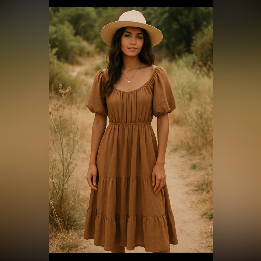 Old Navy Tan Ruched Puff Sleeve Minidress